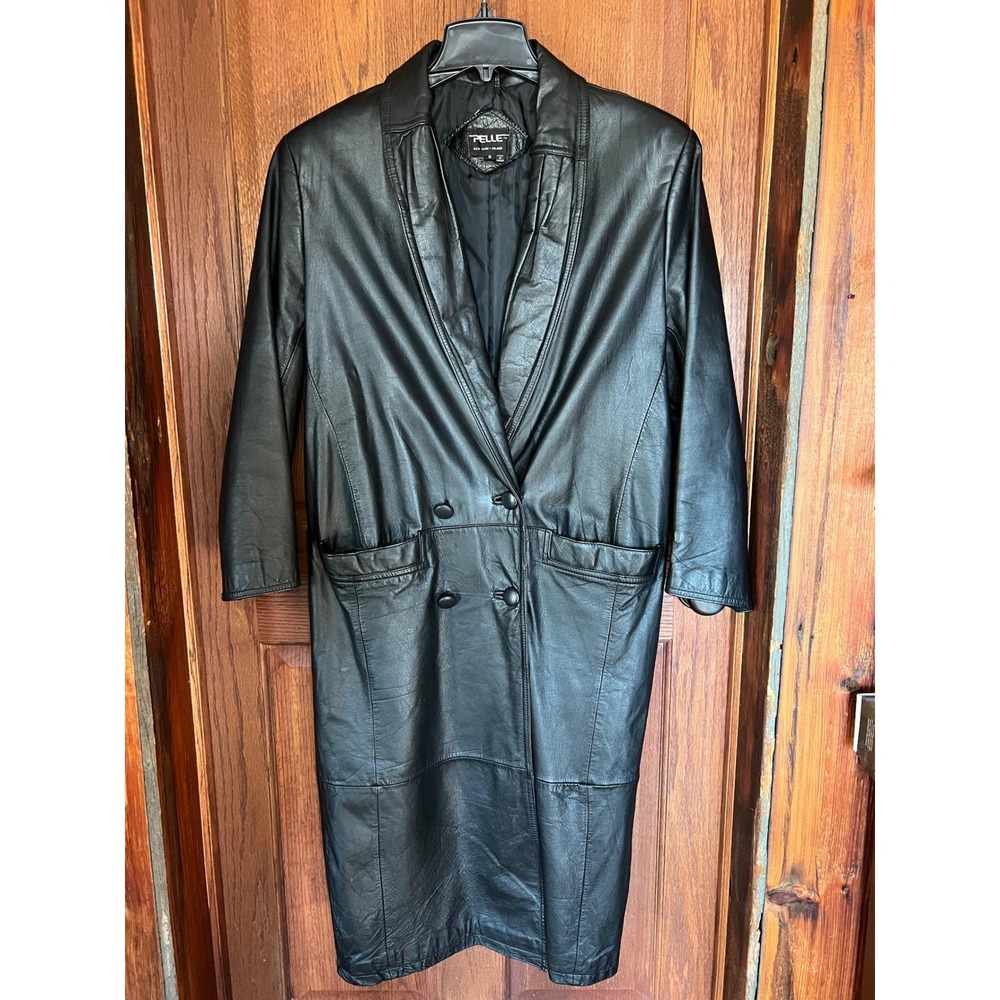 PELLE New York Milano Black Genuine Leather Double Breasted Trench Coat  Small
